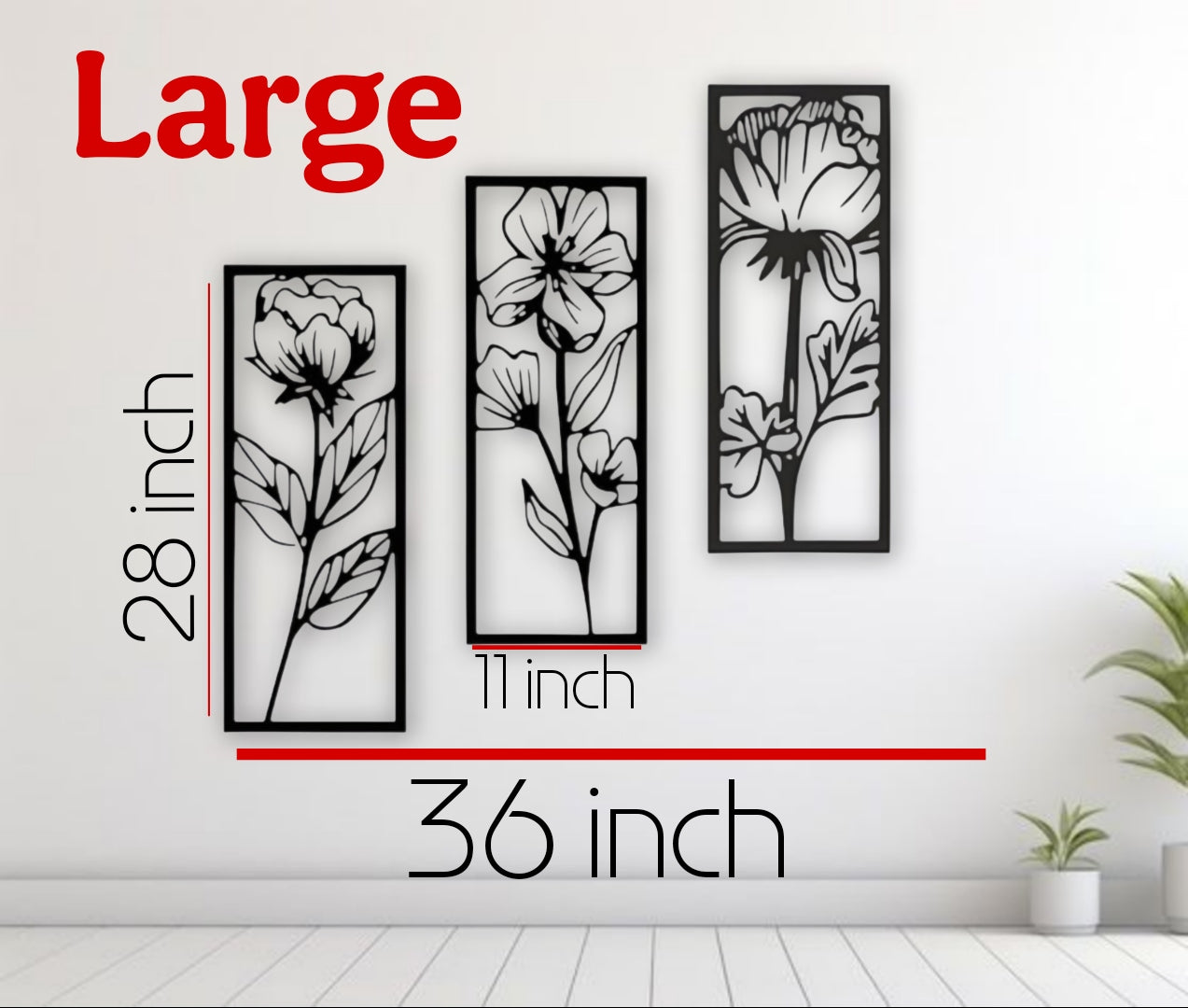 Set of three vertical floral wall art panels in black wooden finish, displayed above a red modern sofa in a stylish living room setting.