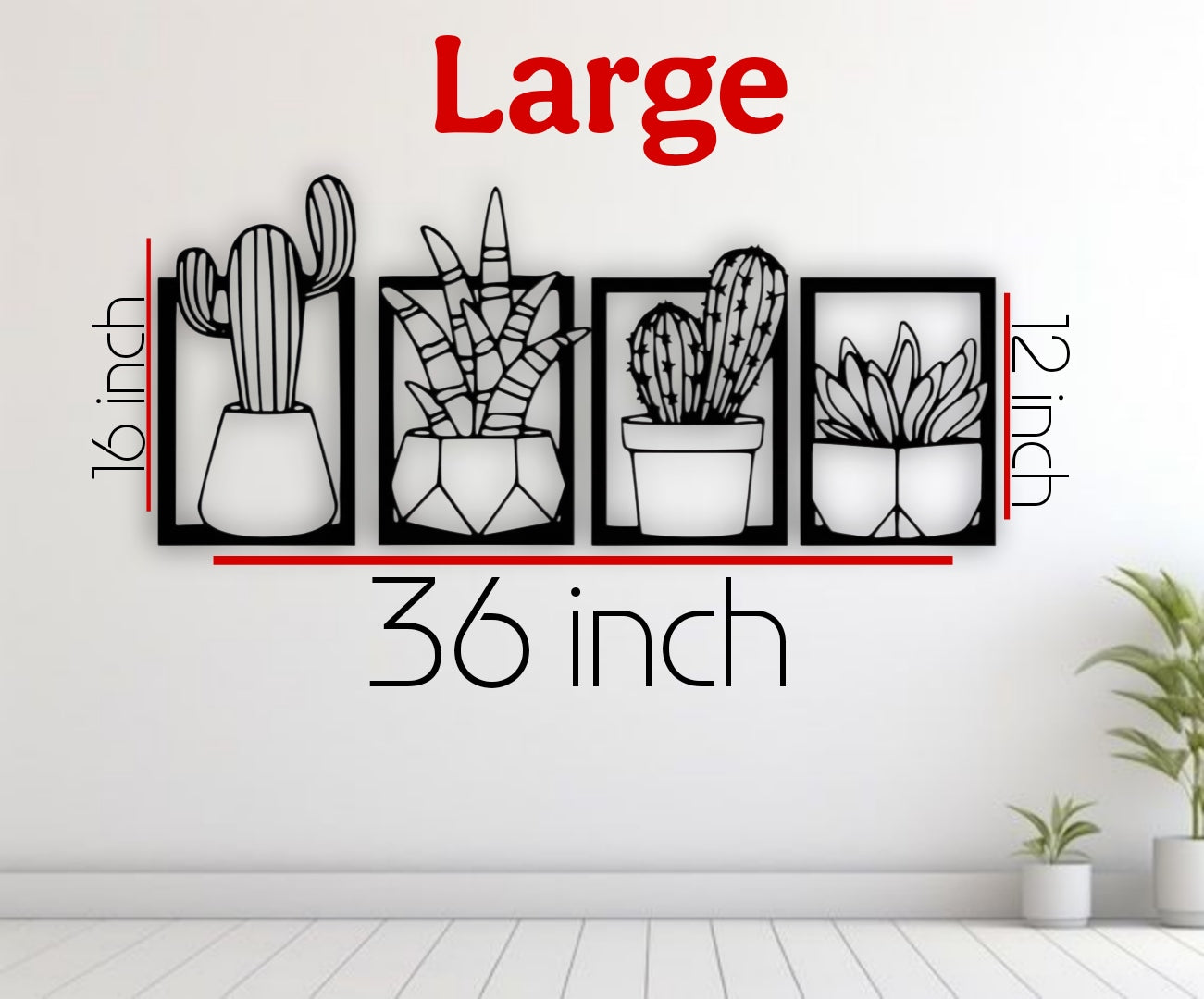 Set of four wooden cactus and succulent wall art panels in black, mounted above a turquoise and wood children’s study desk in a bright, modern kids’ room