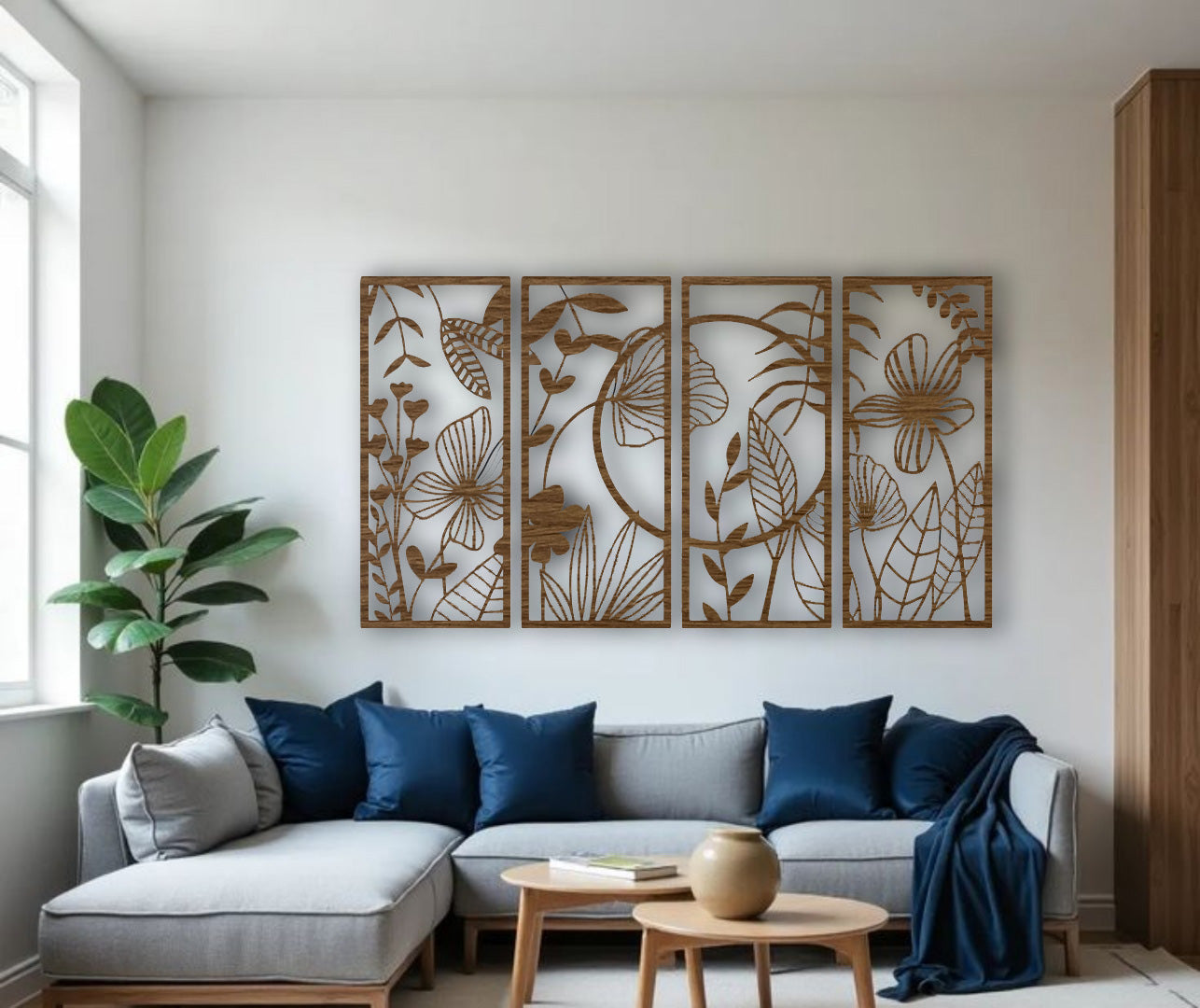Stylish wood brown floral wall decor with vertically arranged botanical panels displayed above a bed in a contemporary bedroom setting