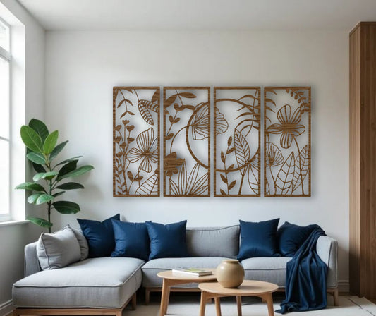 Stylish wood brown floral wall decor with vertically arranged botanical panels displayed above a bed in a contemporary bedroom setting