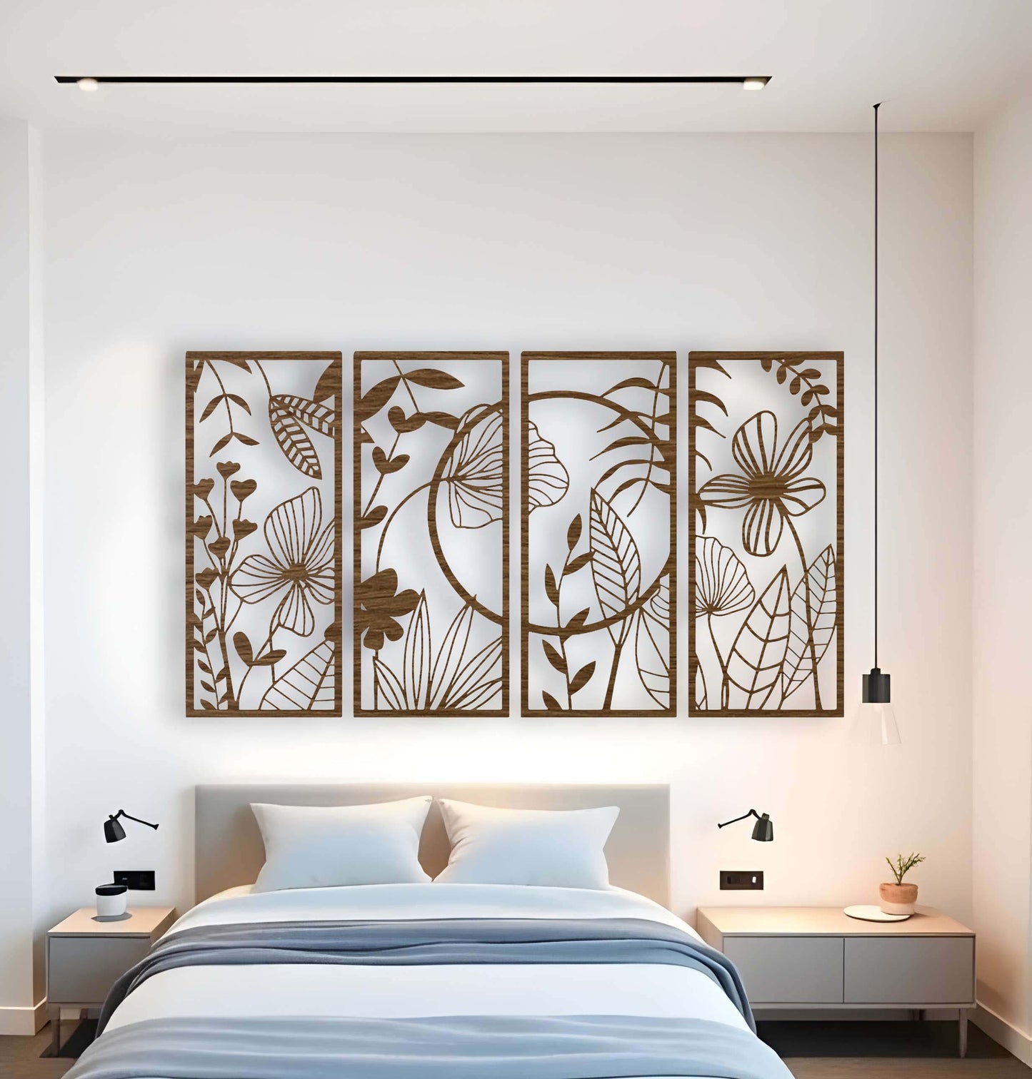 Stylish wood brown floral wall decor with vertically arranged botanical panels displayed above a bed in a contemporary bedroom setting