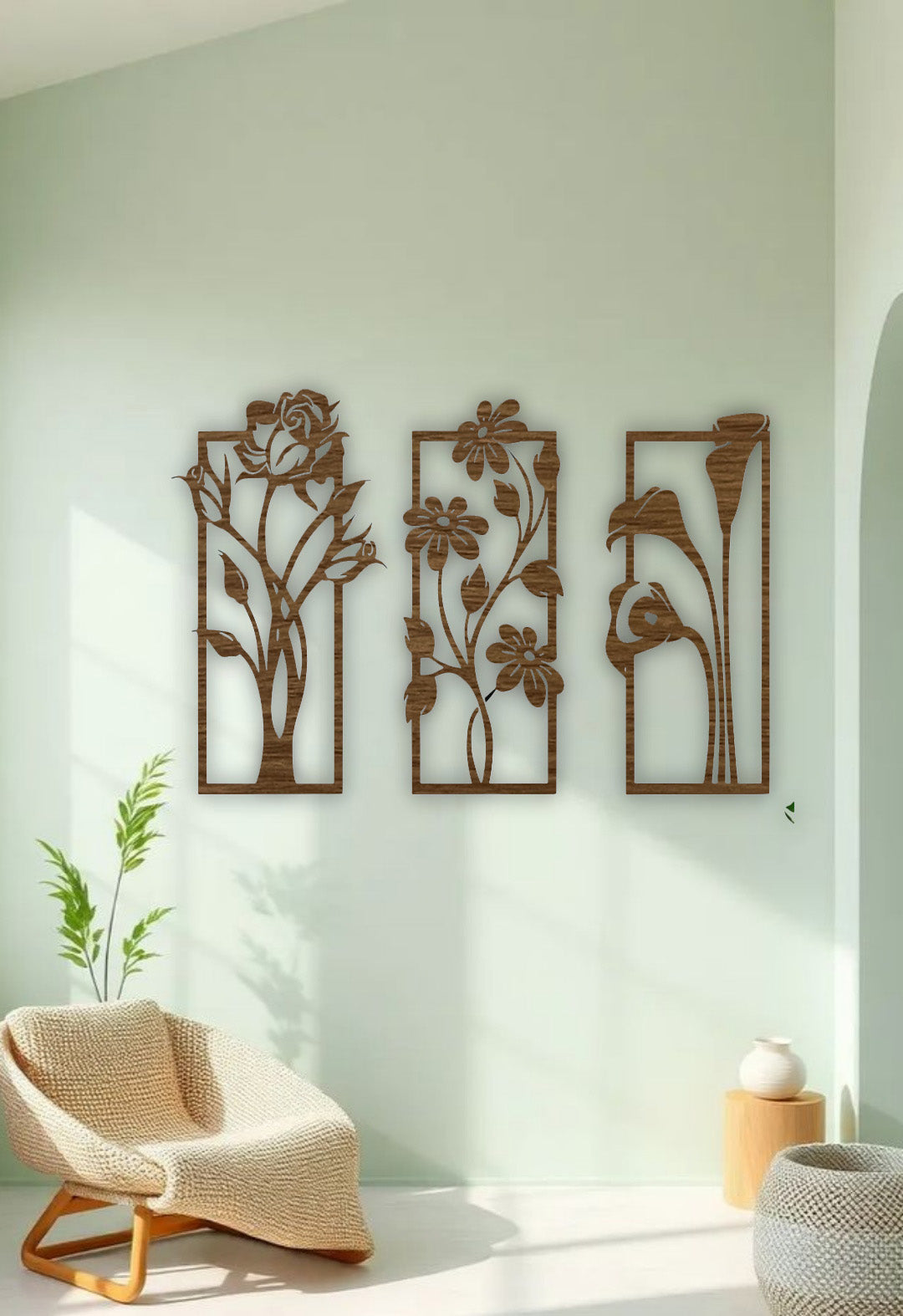 Elegant floral wooden wall panel set in wood brown finish with intricate flower designs for contemporary interiors