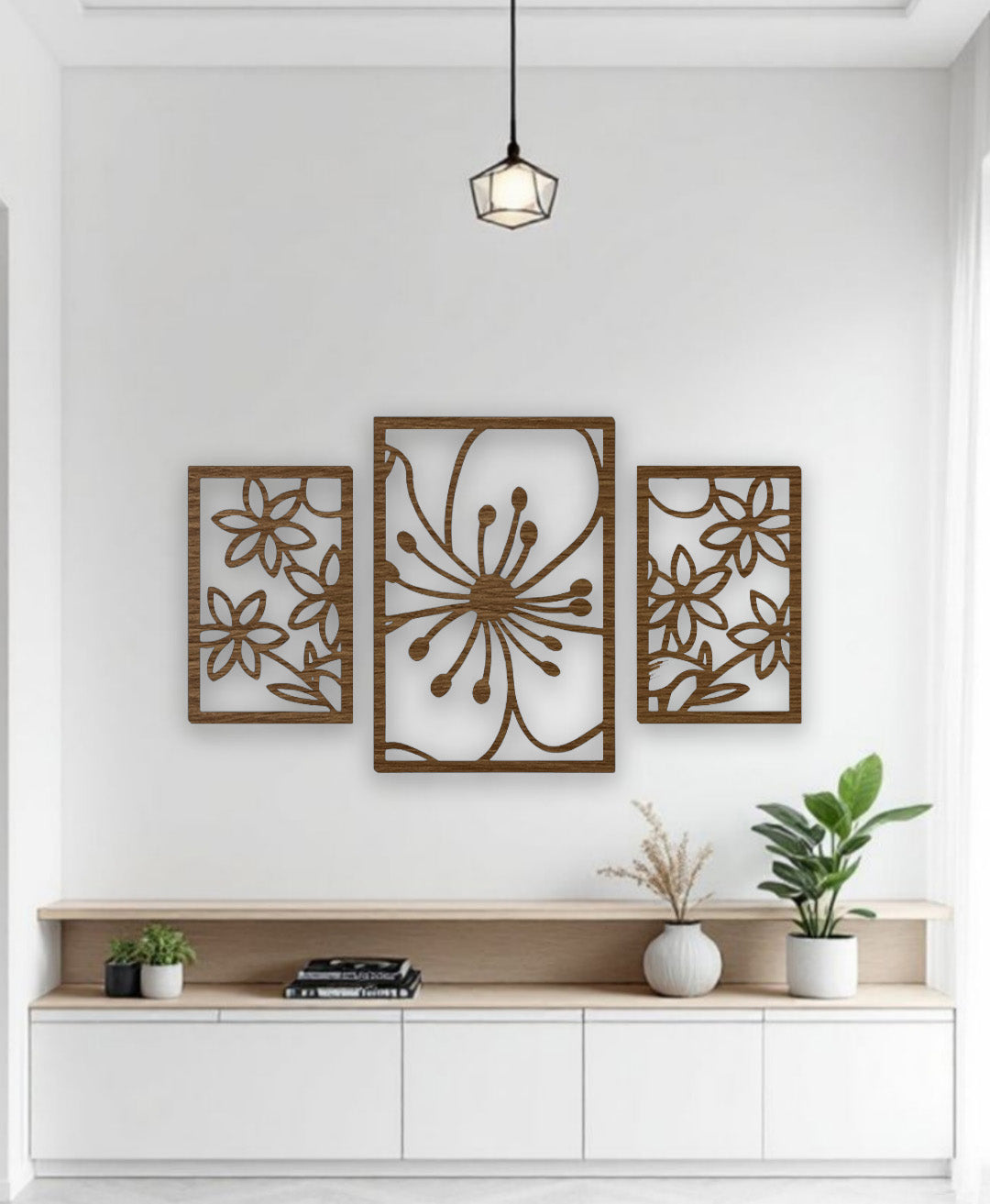 Modern wood brown 3-piece wall art with floral carved design for home décor