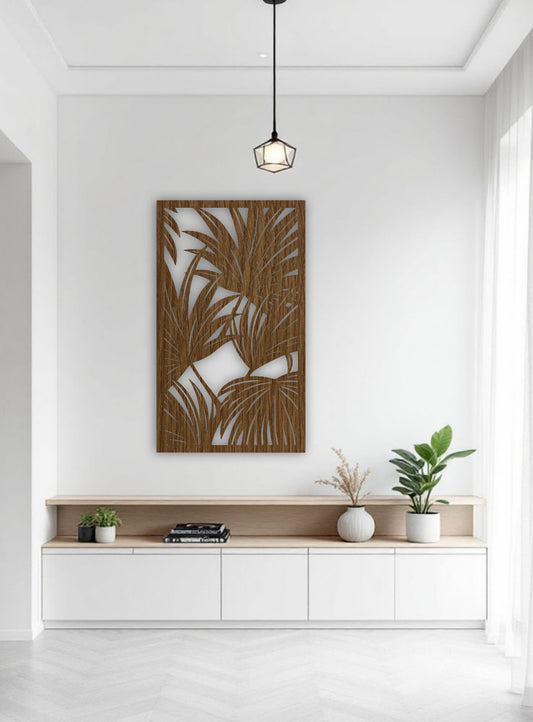 Wood brown tropical leaf wall decor panel measuring 16x28 inches, mounted in a modern neutral-toned interior, featuring warm wood accents and green plants
