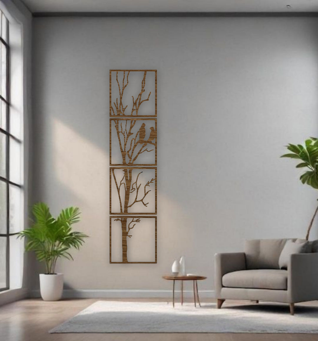 Wood brown 4-piece vertical tree and bird wooden wall art set, each panel 12x12 inches, installed in a cozy, plant-filled room with boho and earthy elements