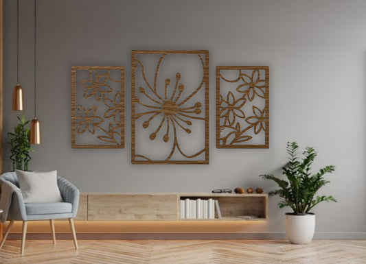 Modern wood brown 3-piece wall art with floral carved design for home décor