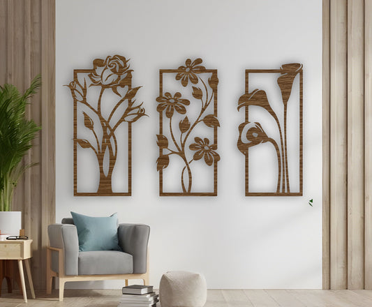 Elegant floral wooden wall panel set in wood brown finish with intricate flower designs for contemporary interiors