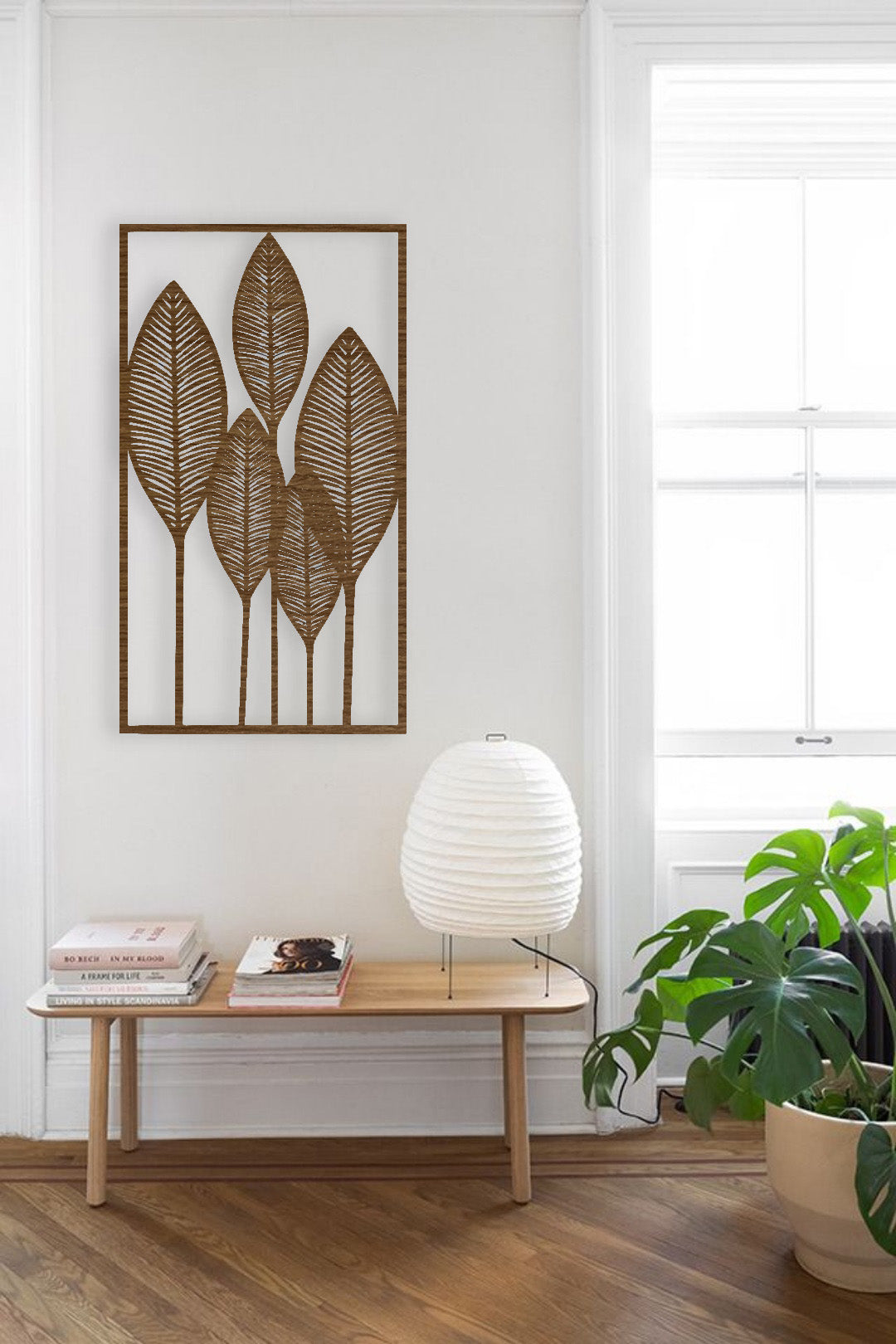 Modern wooden wall art with natural wood brown leaf design for home decor
