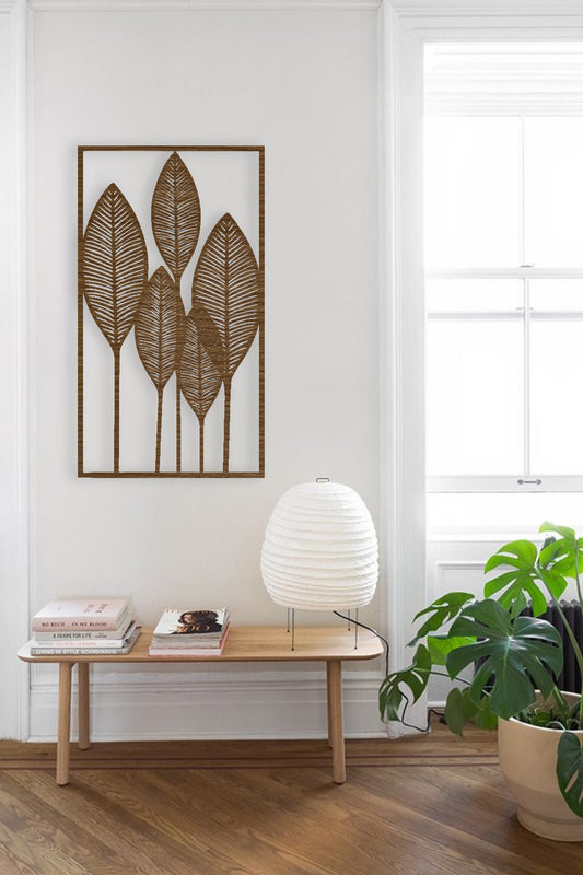 Modern wooden wall art with natural wood brown leaf design for home decor
