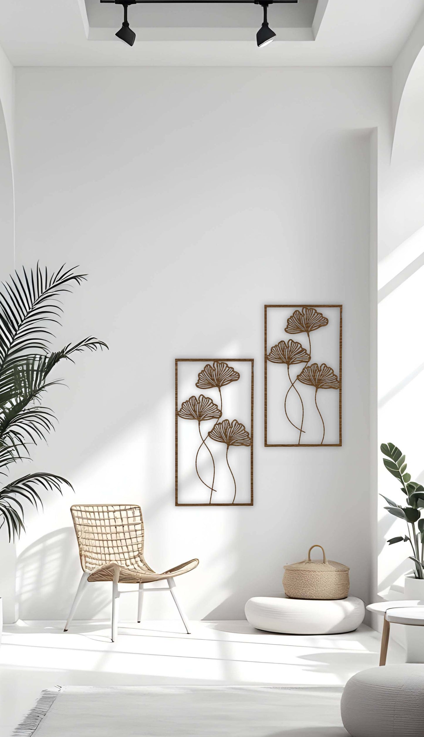 "Minimalist brown floral wooden wall art displayed in a modern bright living room"