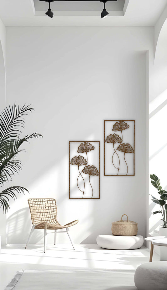 "Minimalist brown floral wooden wall art displayed in a modern bright living room"