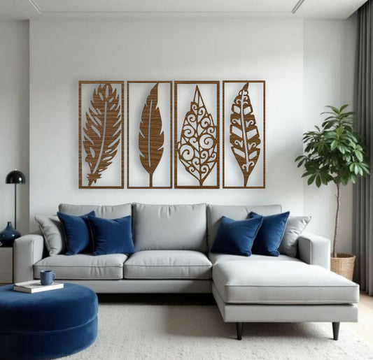 Modern wooden wall art panel set with feather and leaf design in wood brown color for home décor