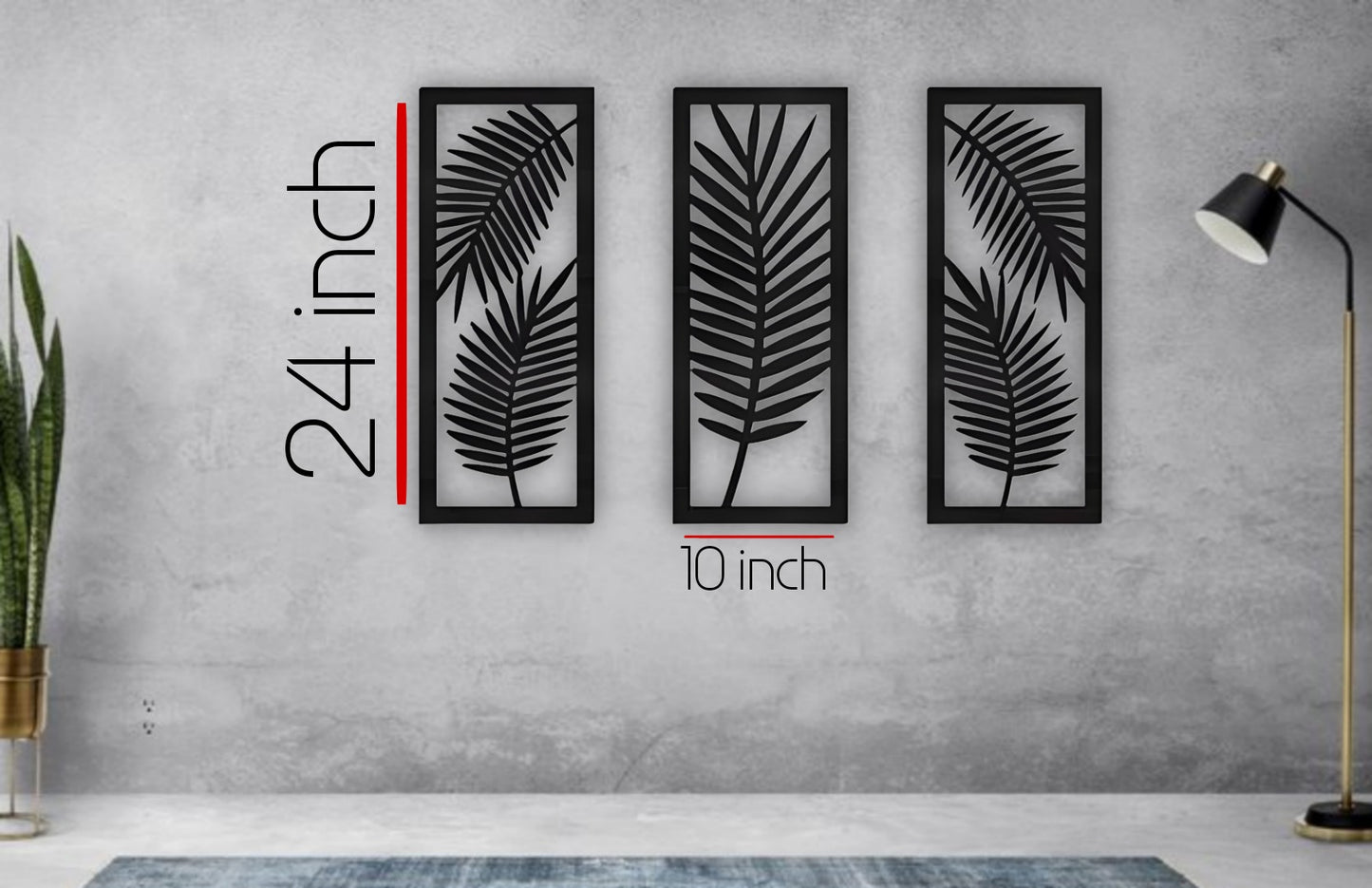 Palm leaf wooden wall panels in black finish displayed in a contemporary living room with a concrete textured background.
