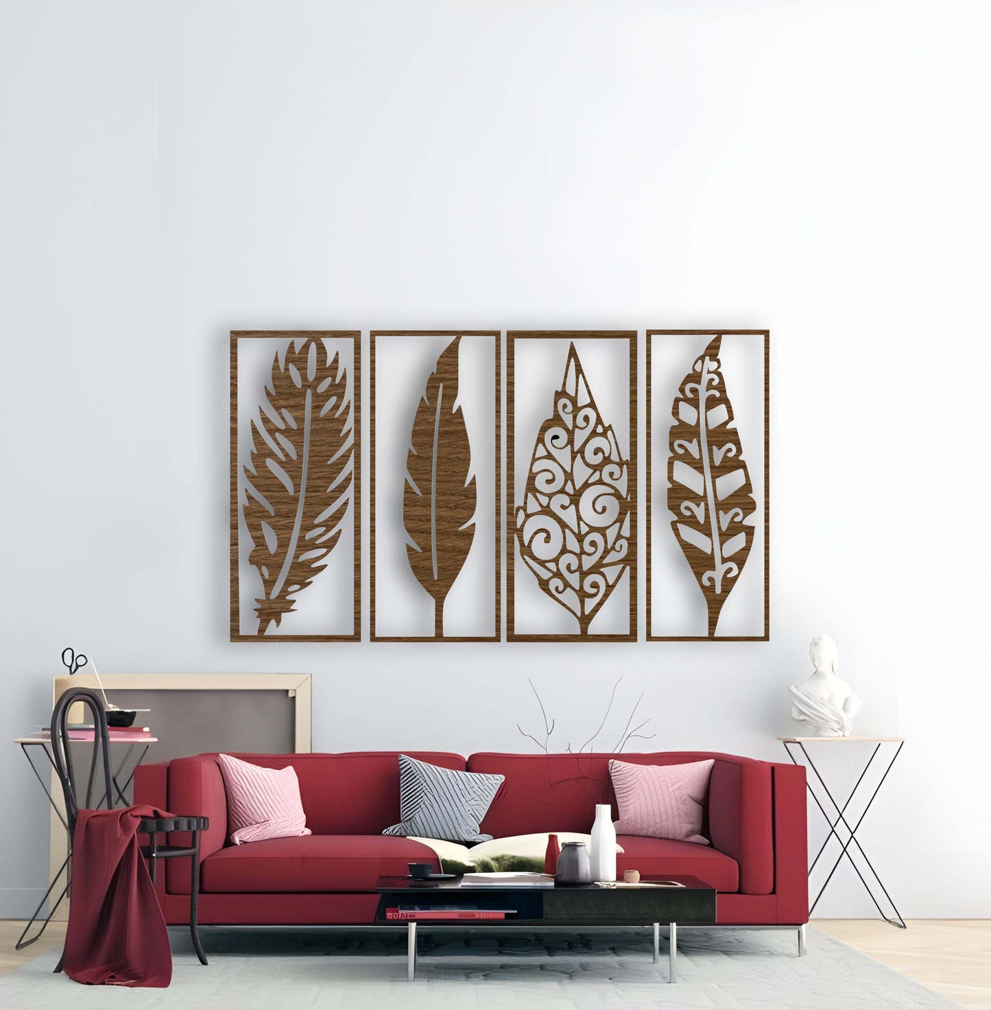 Modern wooden wall art panel set with feather and leaf design in wood brown color for home décor