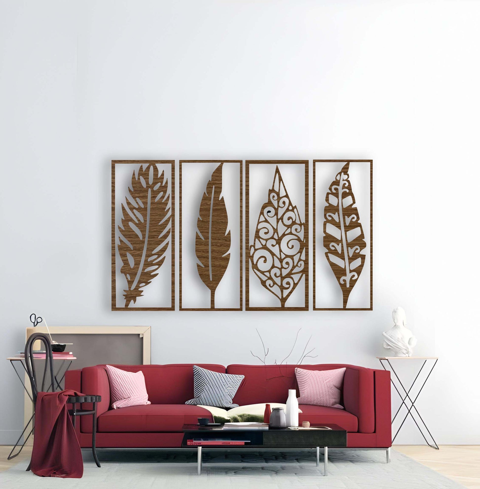 Modern wooden wall art panel set with feather and leaf design in wood brown color for home décor