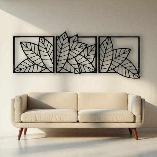 Nature-inspired wooden wall panels featuring a leaf design in large and medium sizes.