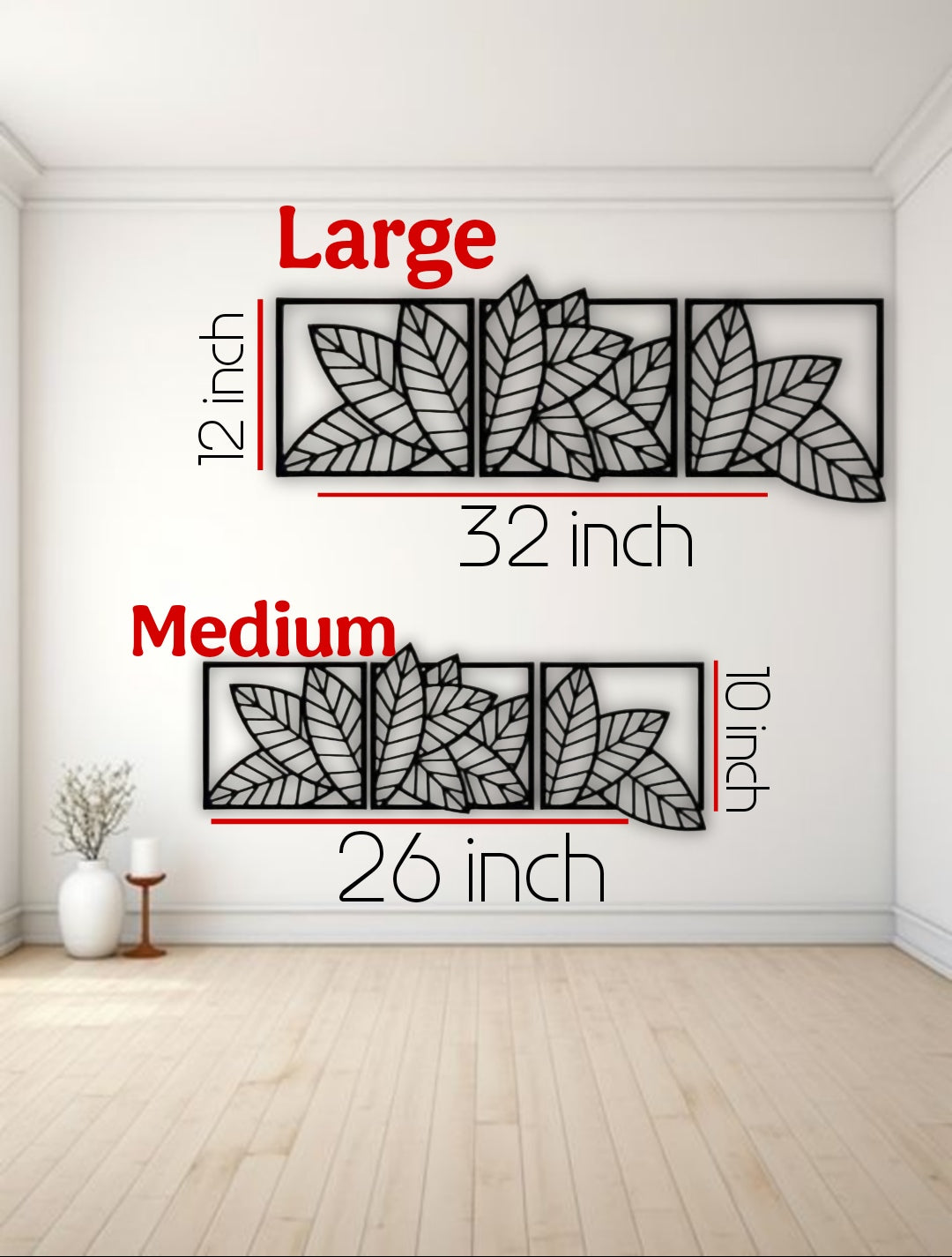 Nature-inspired wooden wall panels featuring a leaf design in large and medium sizes.