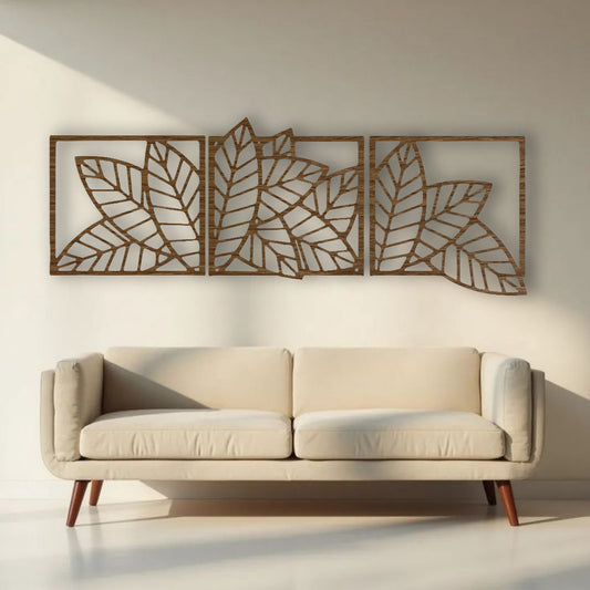 Nature-inspired wooden wall panels featuring a leaf design in large and medium sizes.