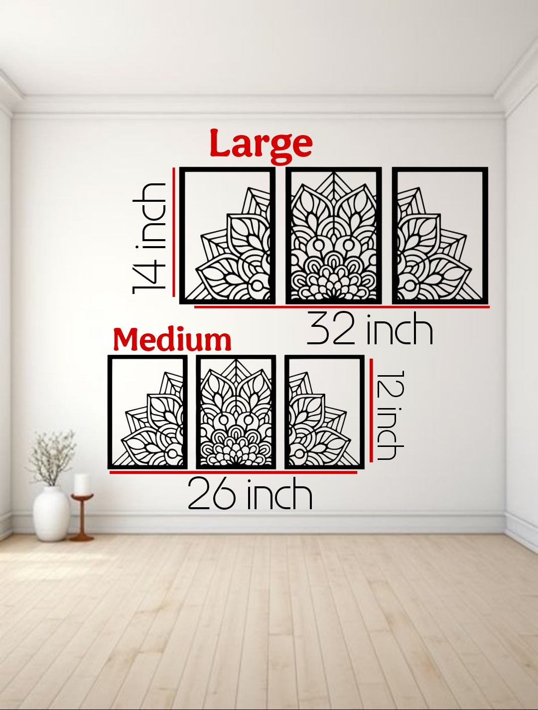 "Three-panel black wooden laser cut mandala wall art displayed above a beige modern sofa in a minimalist living room. Each panel features a symmetrical floral mandala design with clean geometric detailing, creating a balanced and artistic focal point."