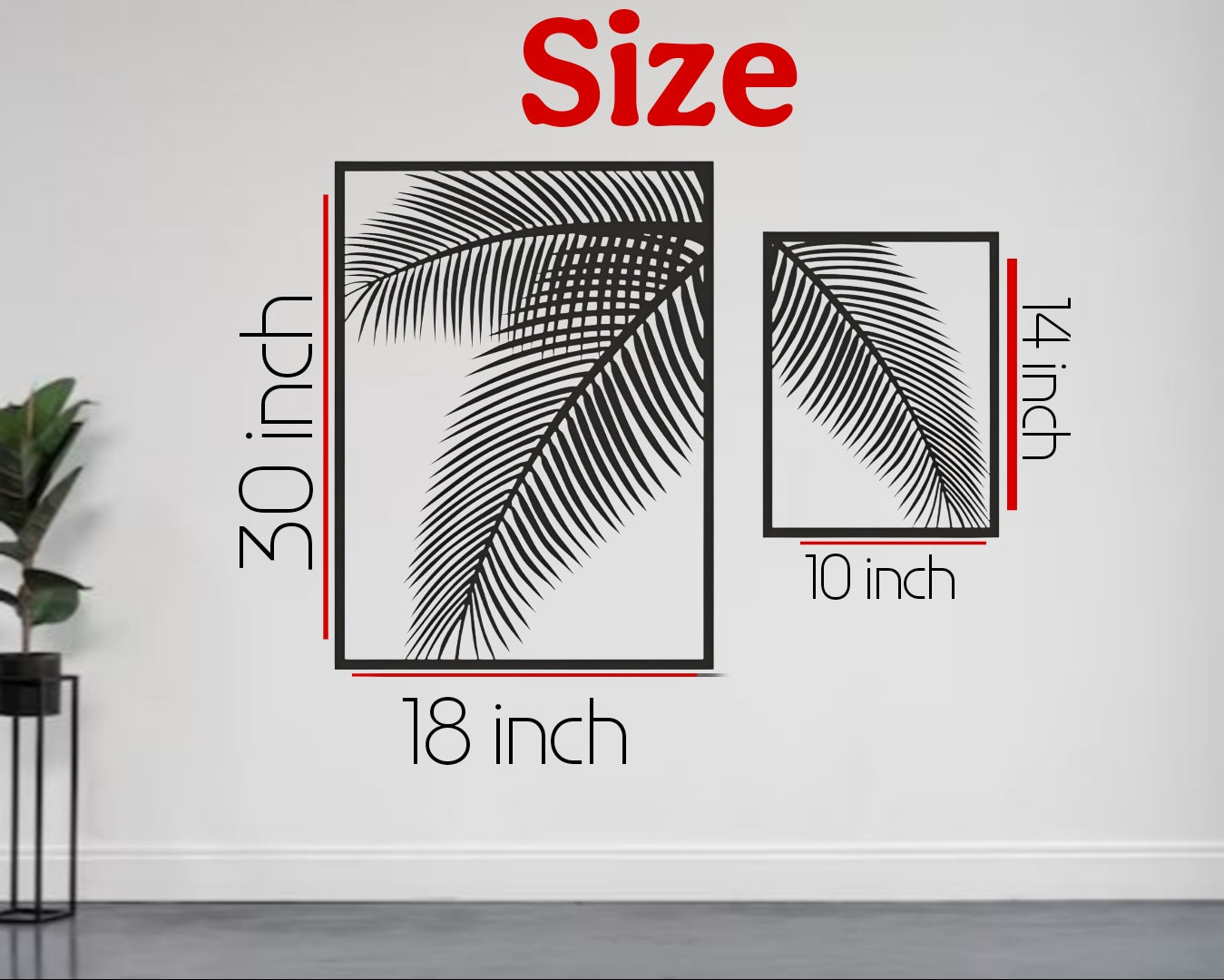 Two-piece black wooden palm leaf wall art set mounted on a blue wall above a modern blue sofa with indoor tropical plants.