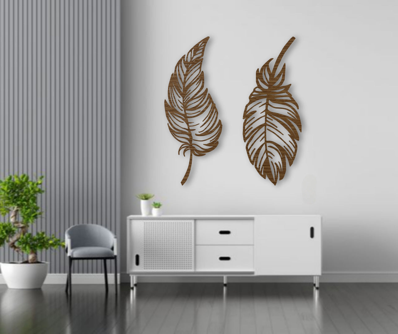Stylish dual-feather wall art in matte brown finish mounted on a blue paneled wall above a tufted sofa.