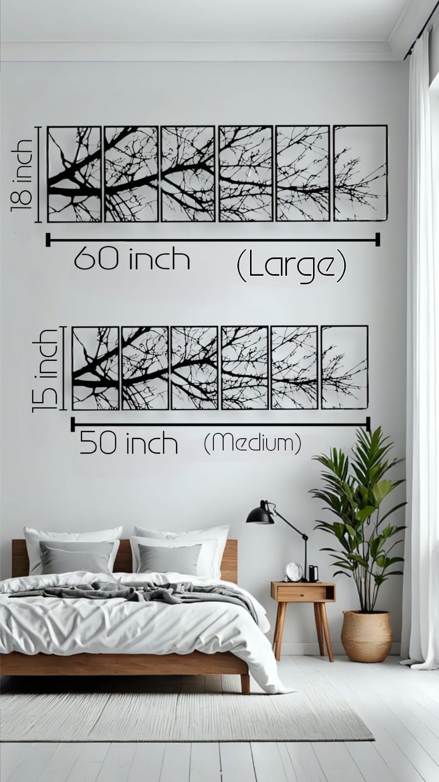 "Wall art size comparison showing large 60x18 inch and medium 50x15 inch laser cut wooden branch design panels on bedroom wall"