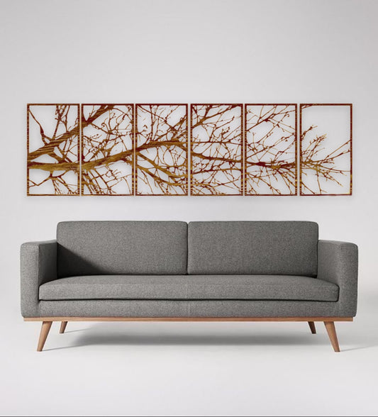 "Detailed view of tree branch design in brown laser cut wooden wall panels for modern home decor"