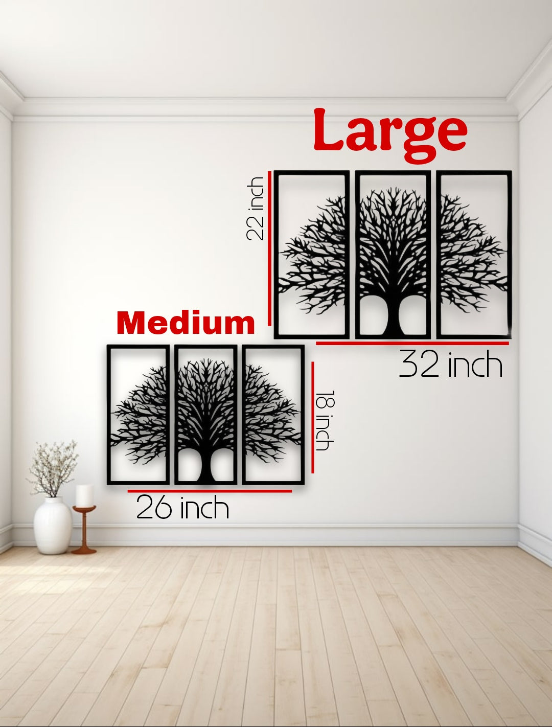 Three-piece black wooden Tree of Life wall art set mounted above a beige modern sofa, surrounded by indoor plants and minimalist decor.