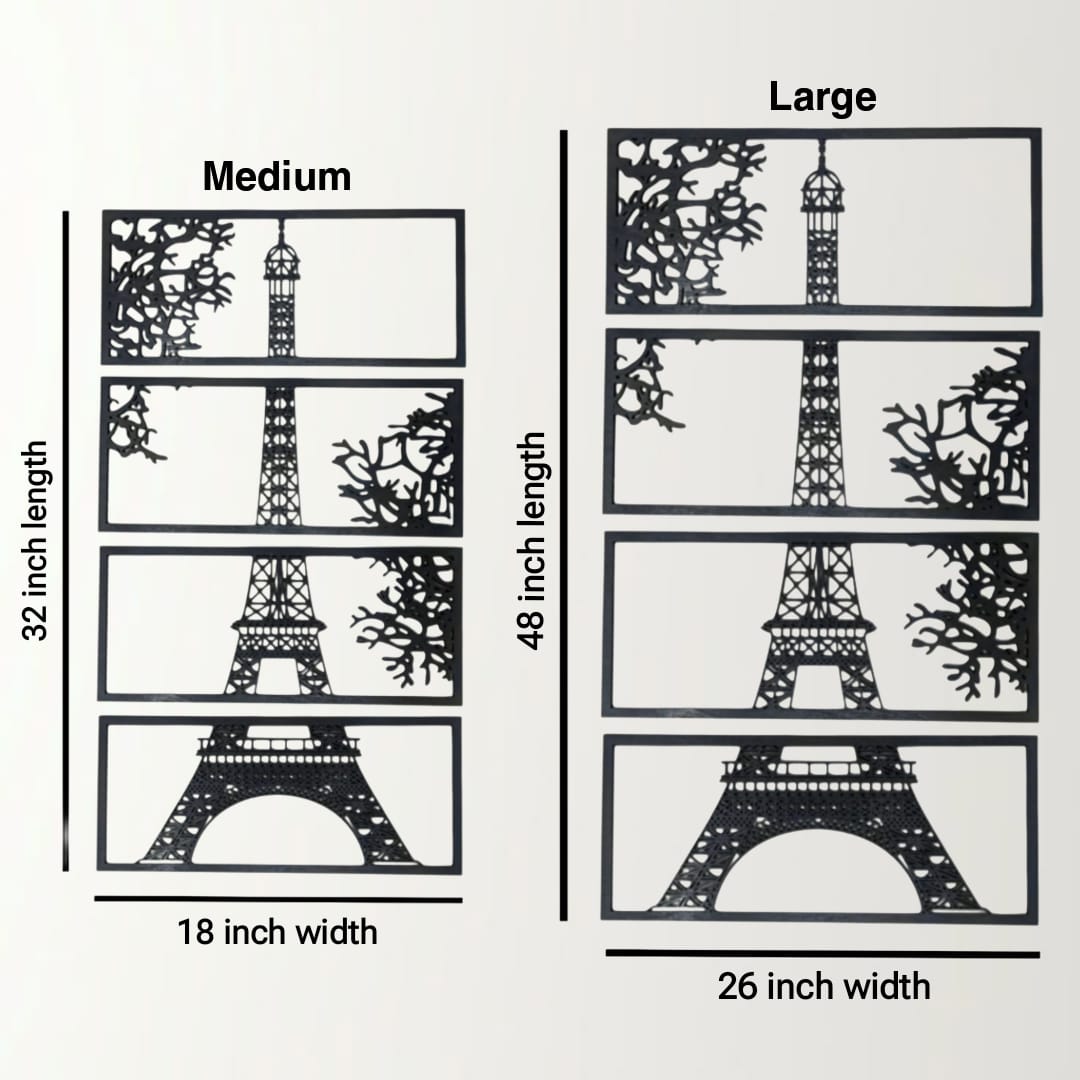 Comparison chart of Eiffel Tower wall stickers in medium and large sizes with dimensions.