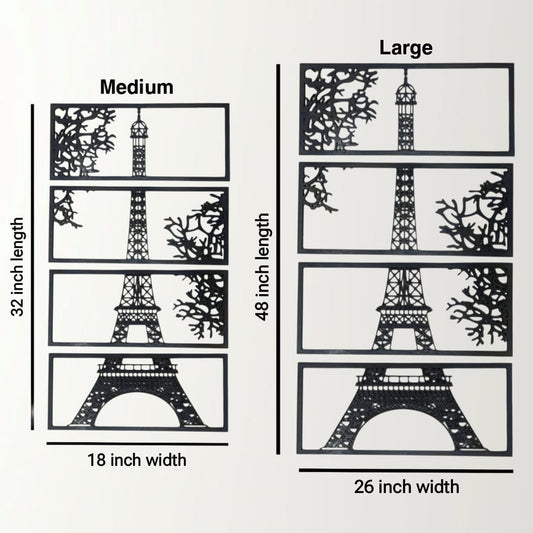 Comparison chart of Eiffel Tower wall stickers in medium and large sizes with dimensions.