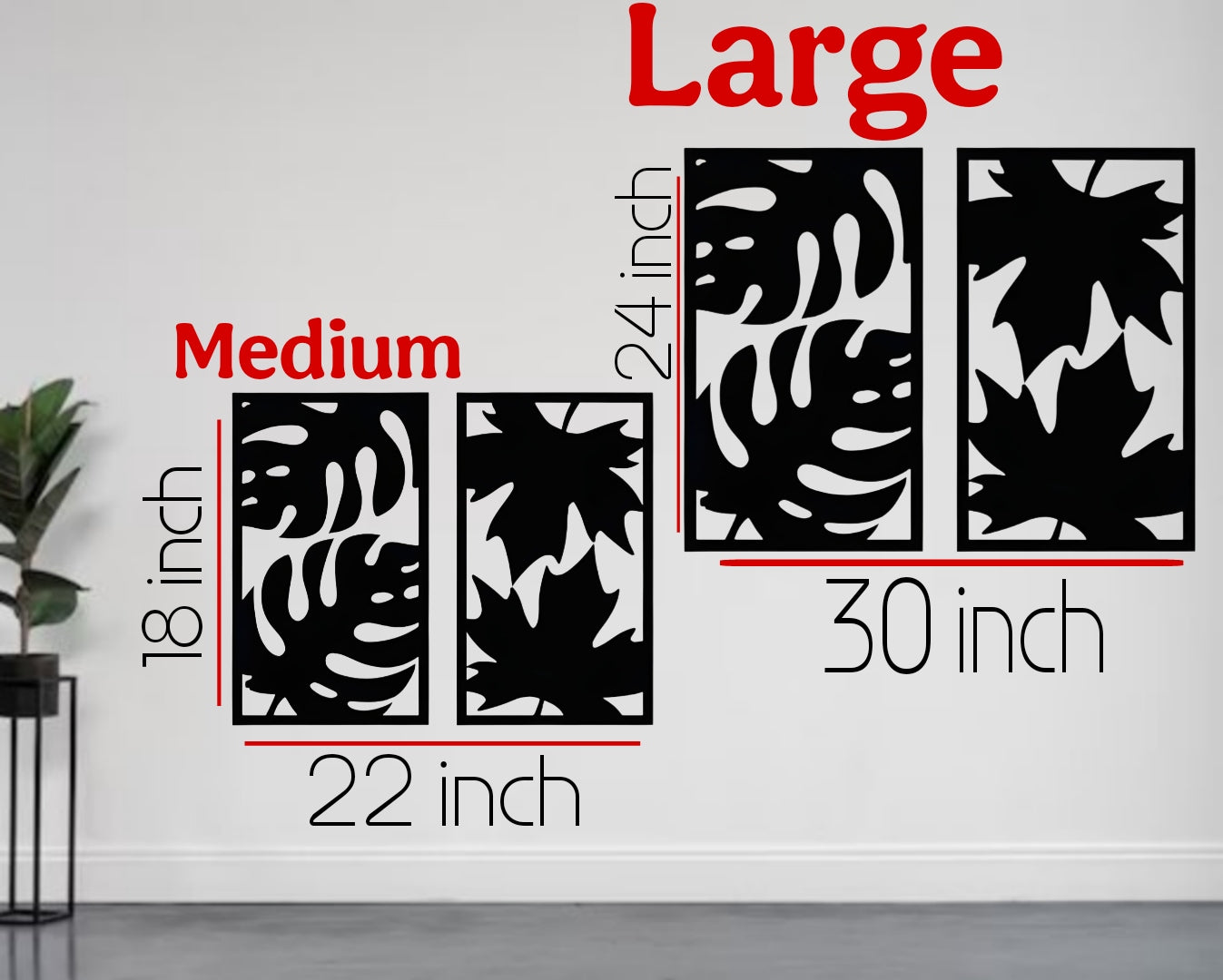 Set of two modern wooden wall art panels with leaf cutout designs displayed above a rattan console table in a cozy living room setting.