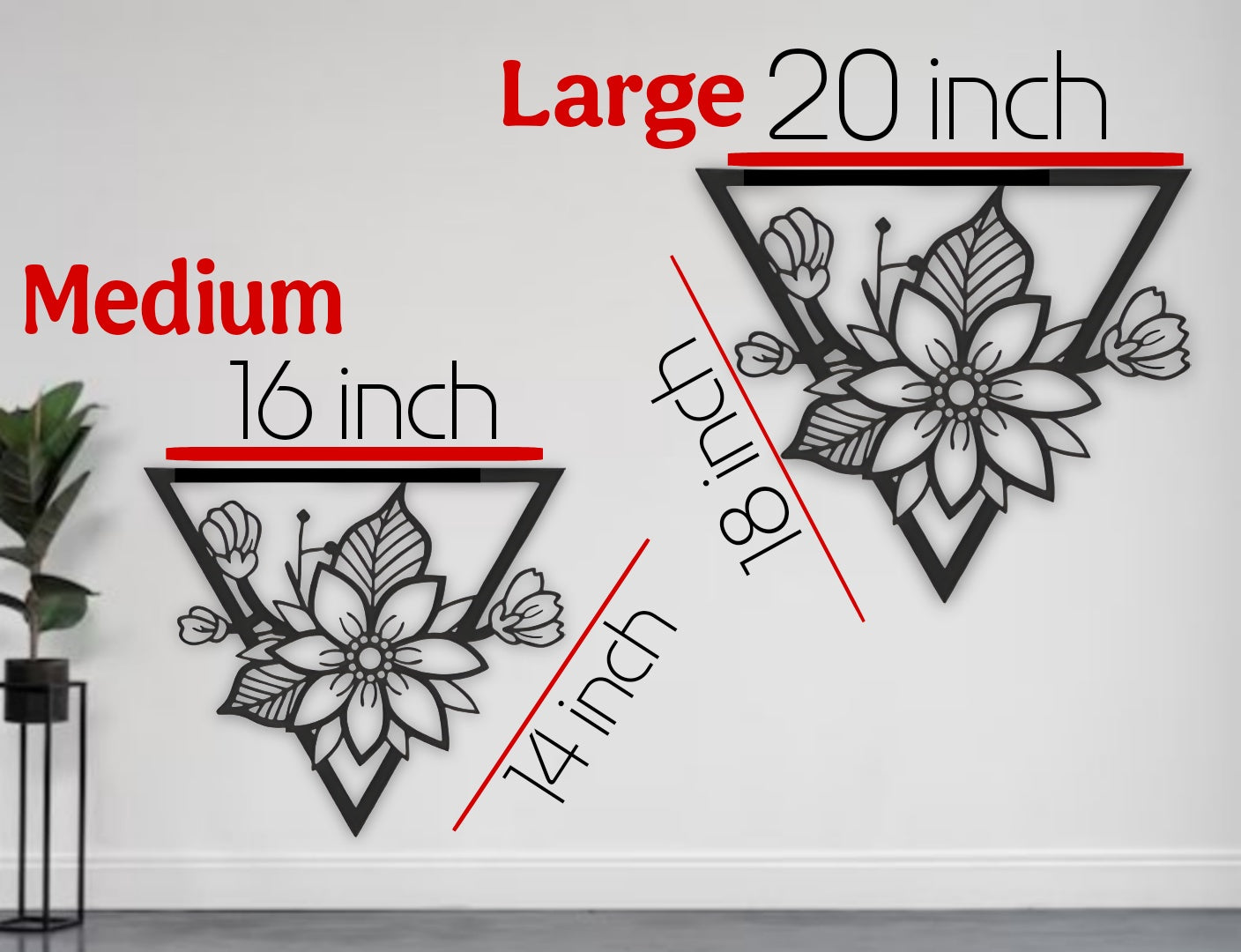 Triangle-shaped floral wooden wall art in black, displayed above a modern white office desk setup
