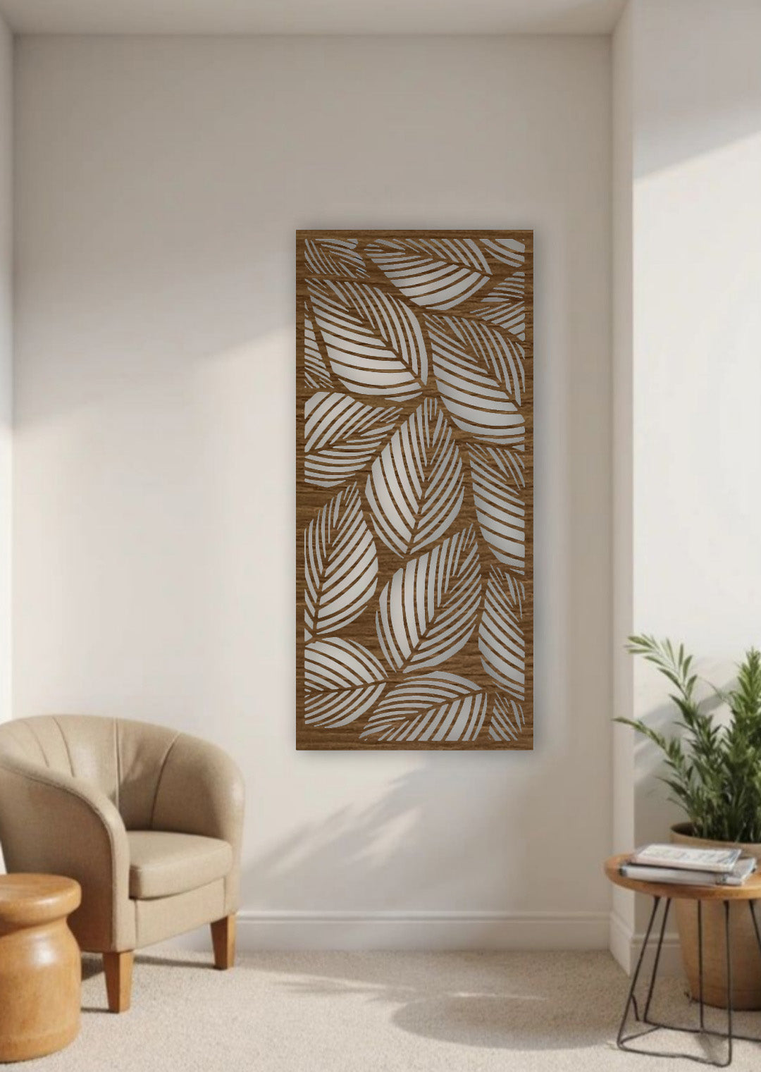 Elegant black wooden wall art with leaf pattern design, perfect for modern minimalist home decor interiors.