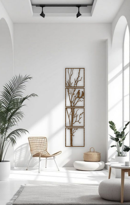 Wood brown 4-piece vertical tree and bird wooden wall art set, each panel 12x12 inches, installed in a cozy, plant-filled room with boho and earthy elements