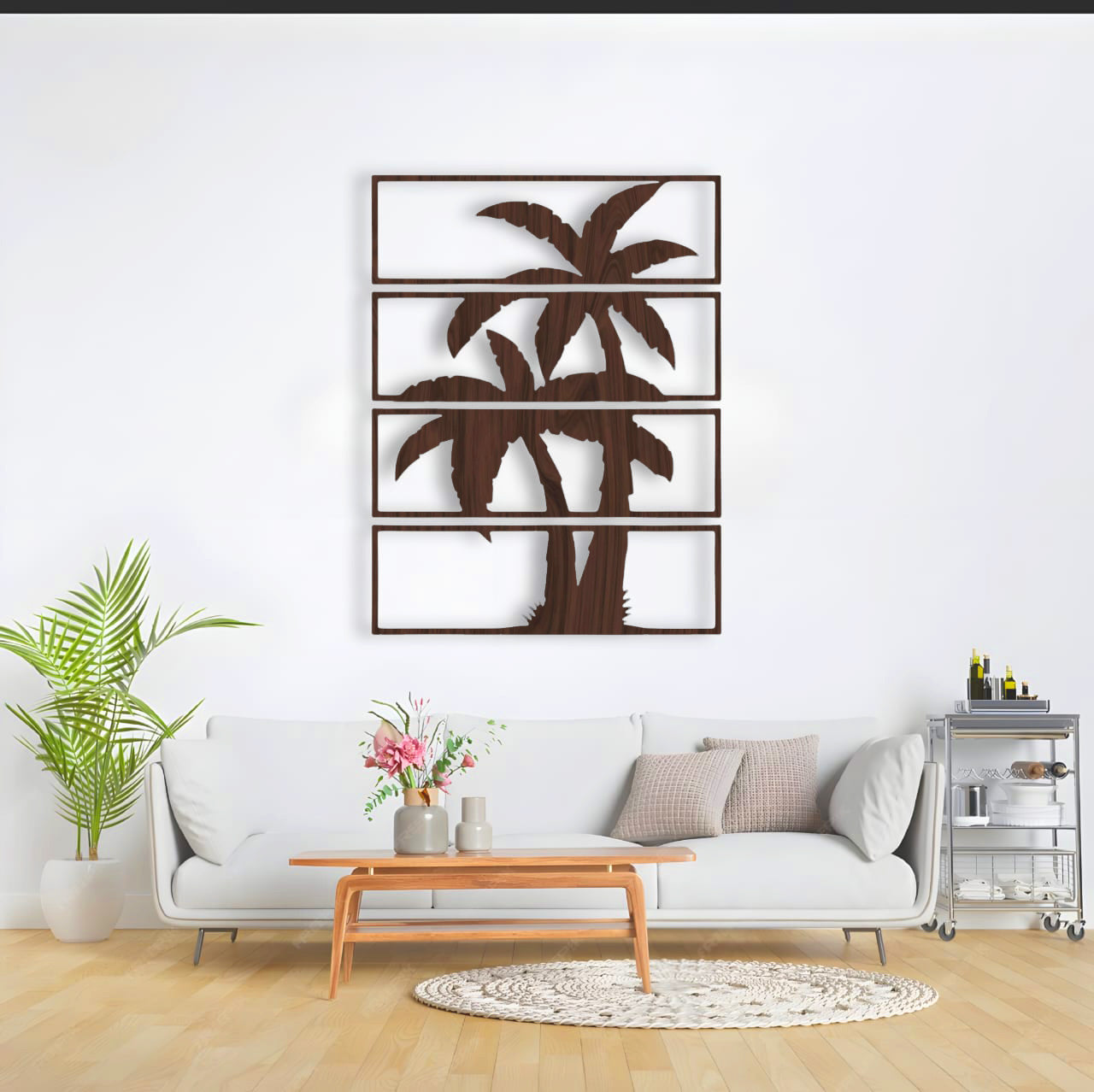 "Modern living room with beige sofa and dark brown 4-panel palm tree metal wall art, minimal tropical home decor