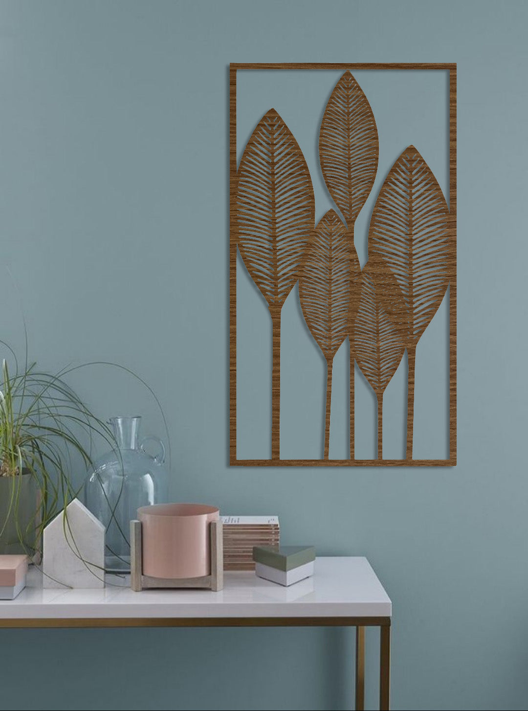 Modern wooden wall art with natural wood brown leaf design for home decor