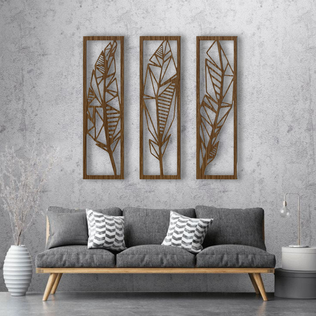 Natural wood brown decorative wall panels with abstract geometric feather cutouts, set of three, perfect for contemporary or rustic-themed interiors.