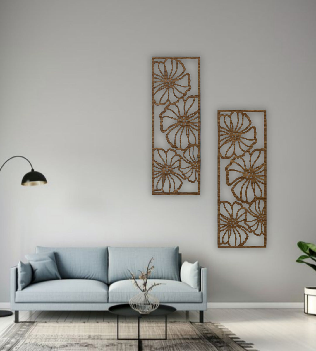 Wood brown floral wall art panels, 11x30 inches, displayed on a teal wall above a grey armchair with a turquoise throw and indoor plant, perfect for cozy modern interiors.