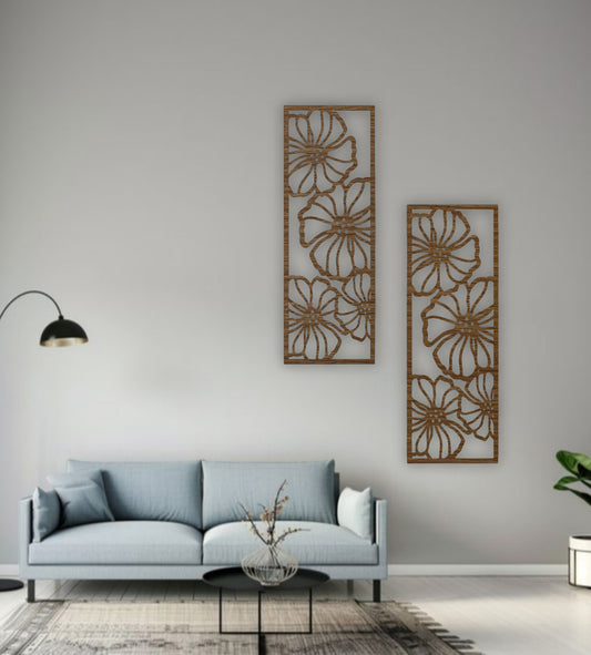 Wood brown floral wall art panels, 11x30 inches, displayed on a teal wall above a grey armchair with a turquoise throw and indoor plant, perfect for cozy modern interiors.