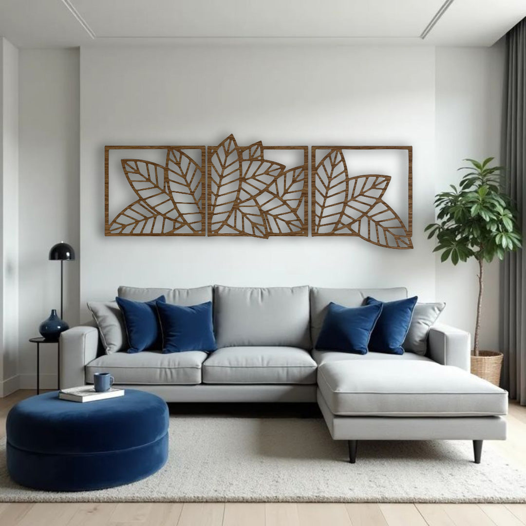 Modern 3-piece wooden leaf wall art in black and brown, perfect for living room or above-sofa decor.