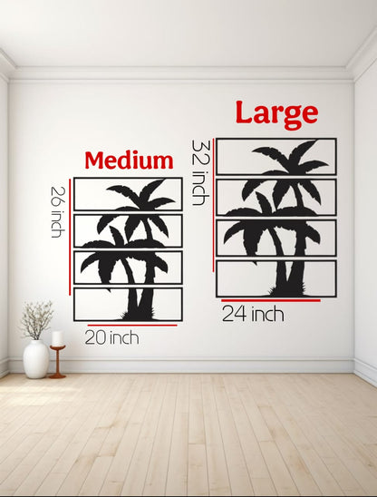 "Modern living room with beige sofa and black 4-panel palm tree metal wall art, minimal tropical home decor"