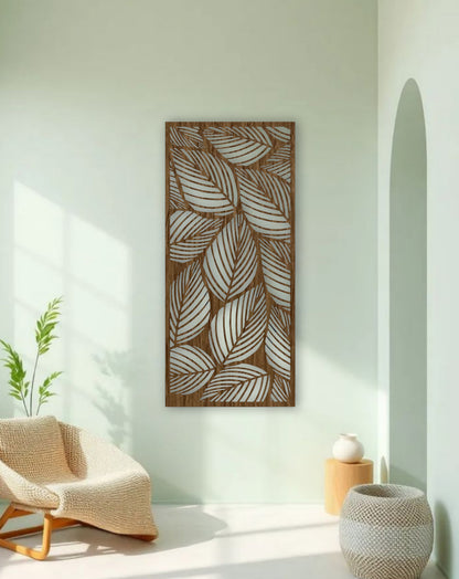 Elegant black wooden wall art with leaf pattern design, perfect for modern minimalist home decor interiors.