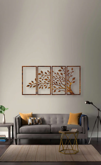 Modern Wooden Tree Wall Art – 4-Piece Nature Decor Set