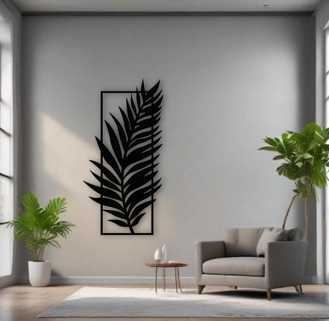 Modern black wooden wall art featuring a vertical palm leaf design, enhancing minimalist and tropical-inspired interiors.