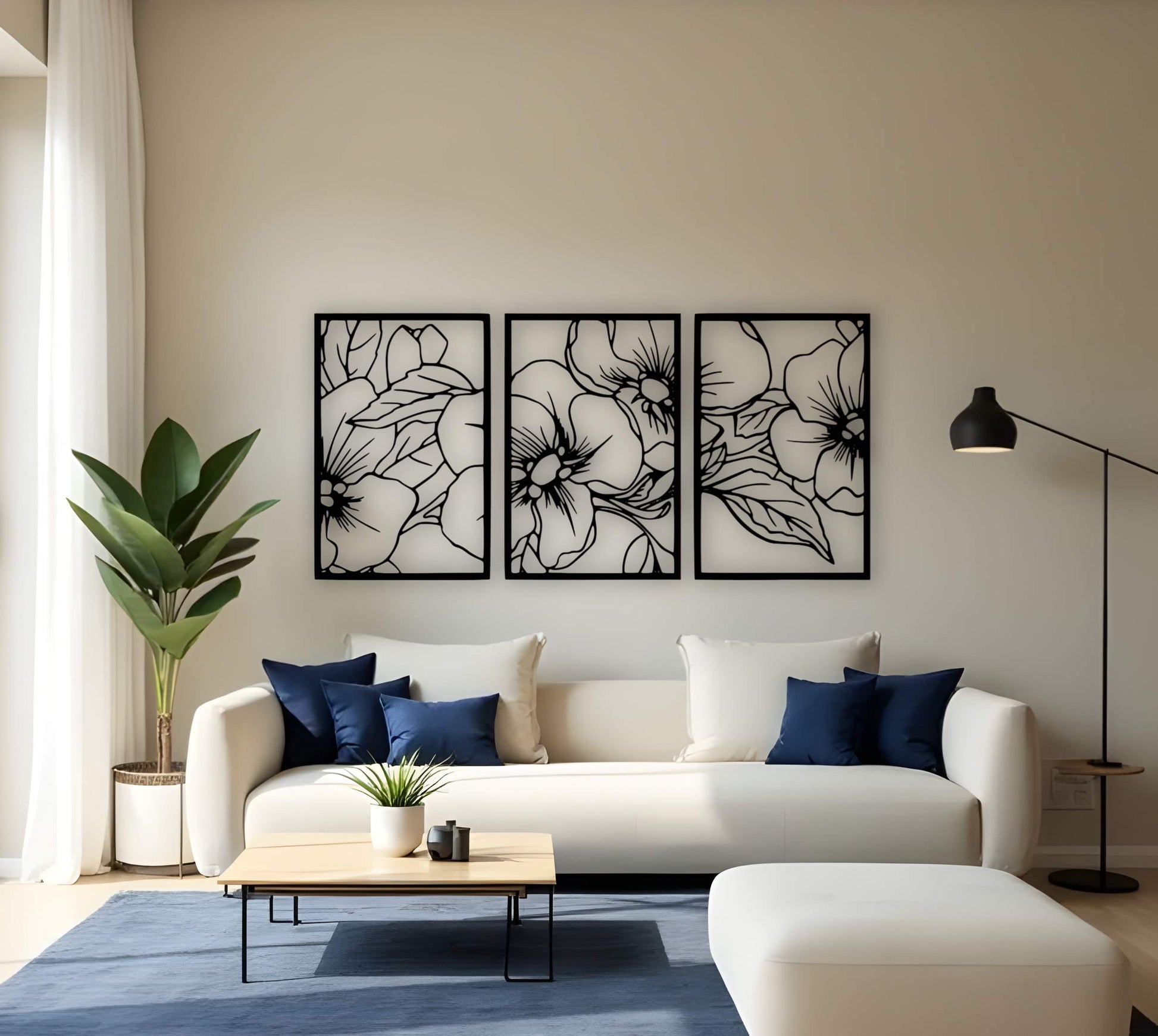 Elegant three panel wooden wall art with floral and leaf design in black color for home décor