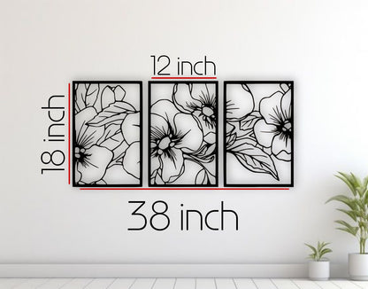 Elegant three panel wooden wall art with floral and leaf design in black color for home décor
