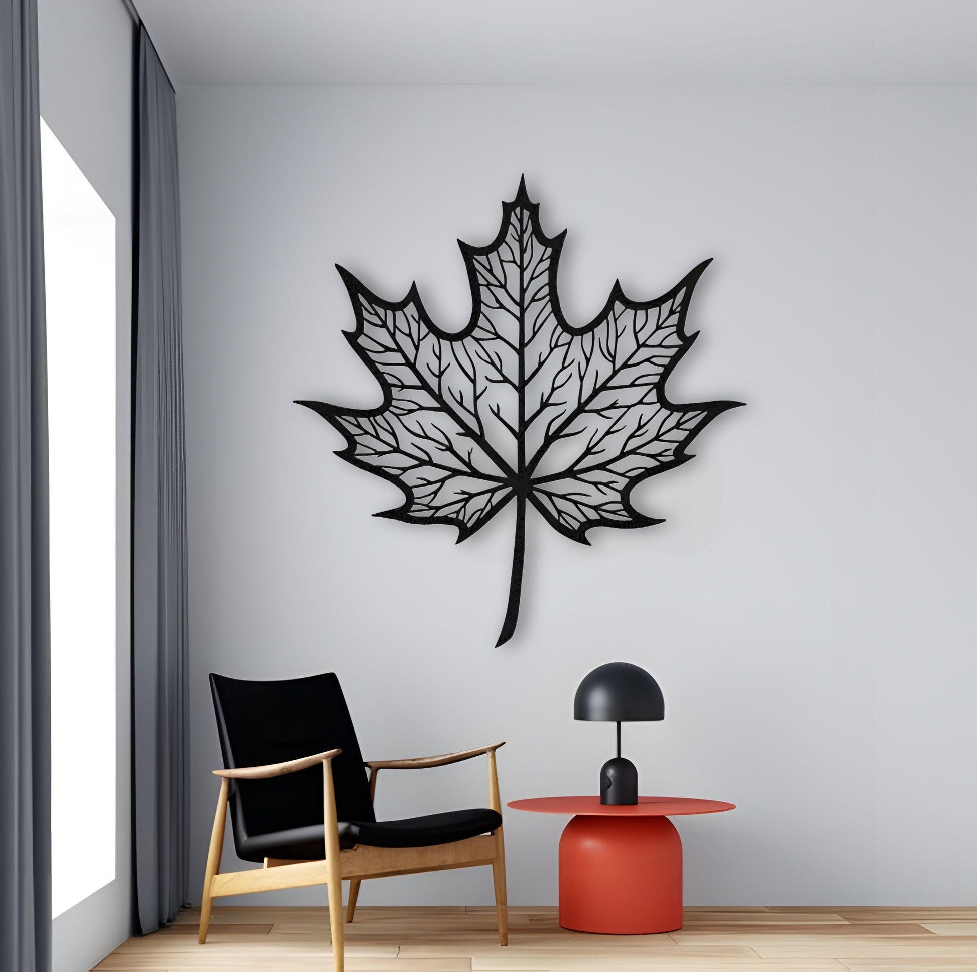 Maple leaf wooden wall art in black color mounted on living room wall