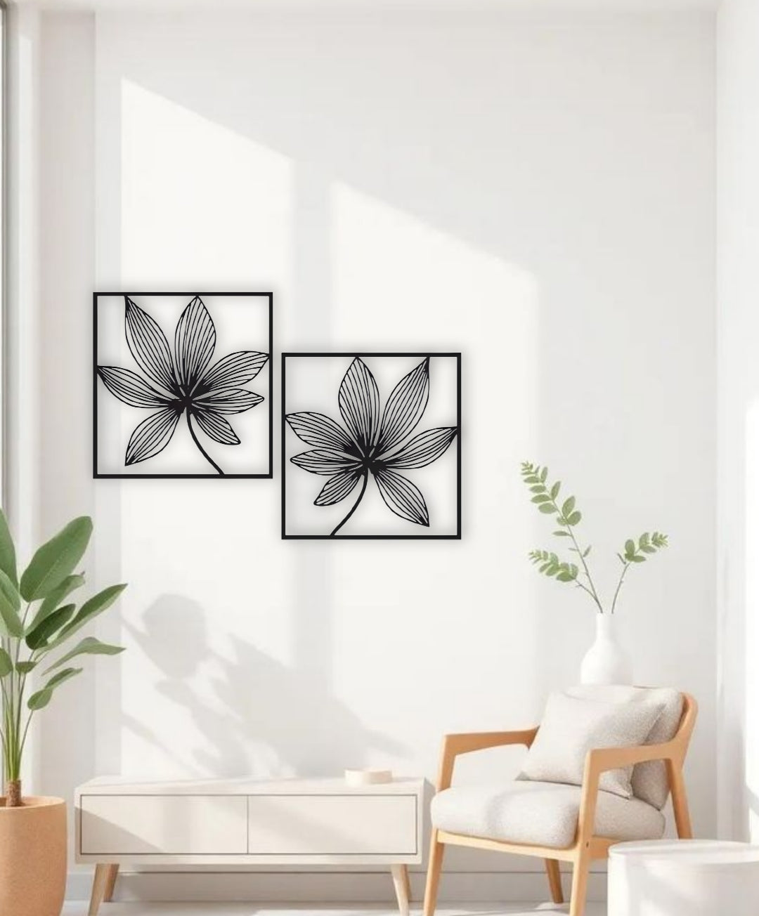 Floral wooden wall art in black color displayed on modern living room wall