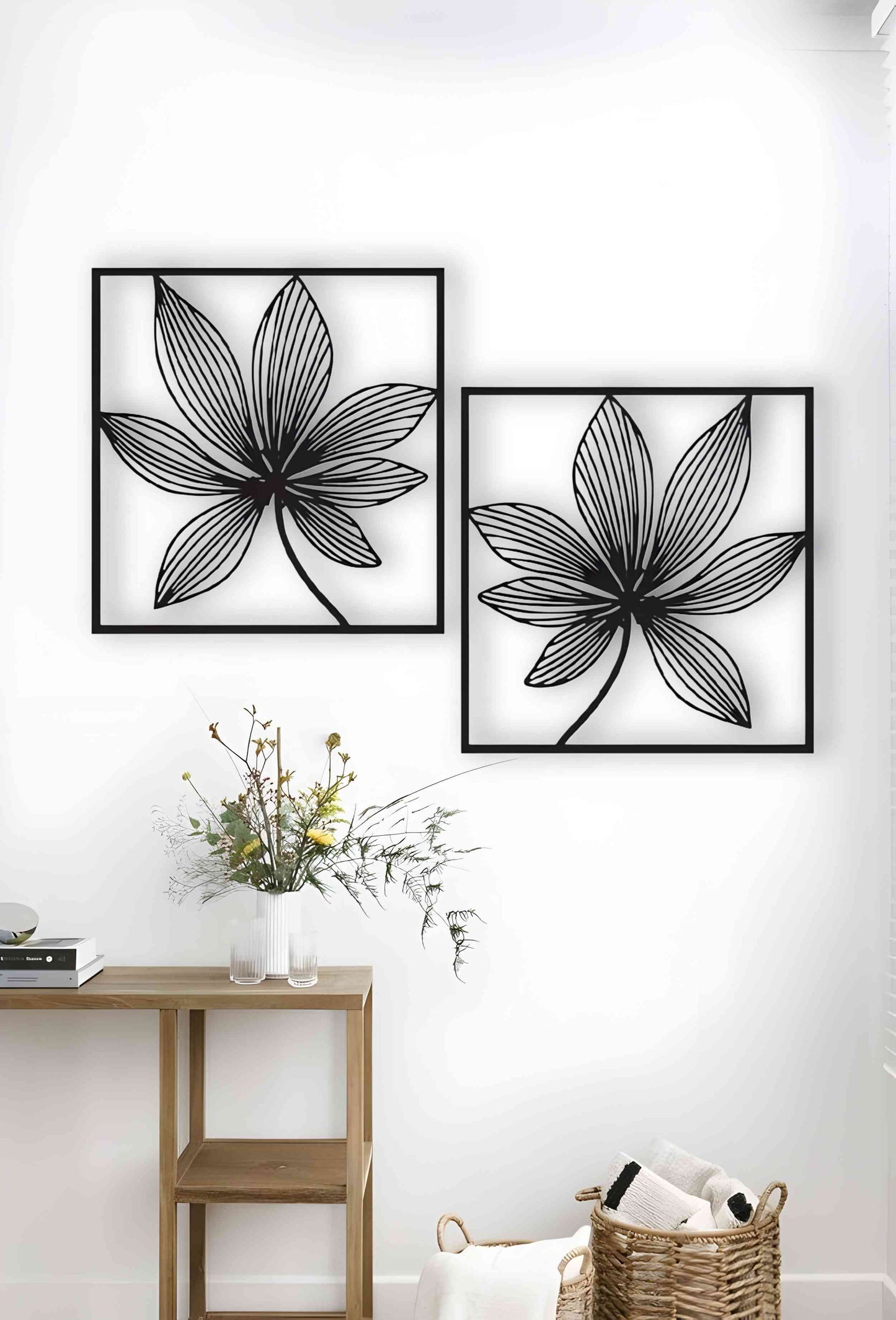 Floral wooden wall art in black color displayed on modern living room wall