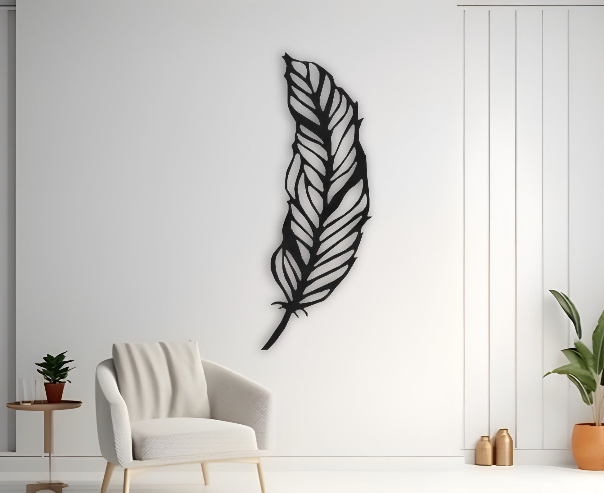 Modern black feather wooden wall art mounted on white wall in minimalist room with chair and hanging pendant lights